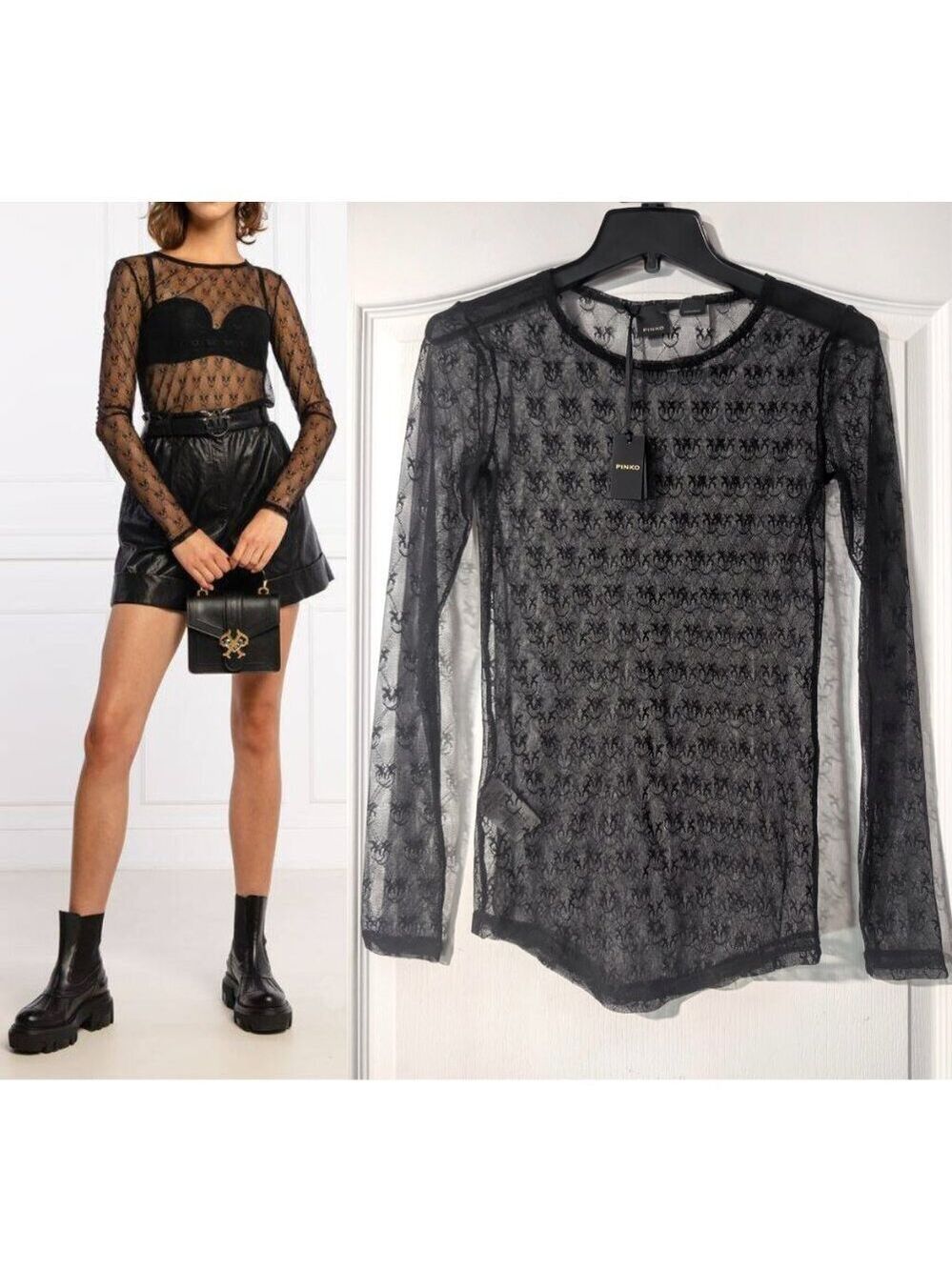 Pinko | Berlino 4 Sheer Lace 'Love Bird' Logo Top